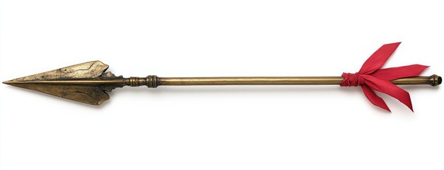 An old brass-colored long stick with a red ribbon, isolated on a white background. Detailed photograph,