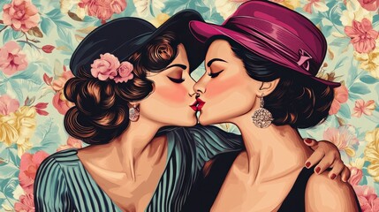 Naklejka premium Two women in retro fashion embracing and sharing a kiss