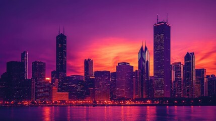 Fototapeta premium Twilight city skyline, featuring iconic landmarks and reflective glass skyscrapers glowing against a vibrant purple-orange sky