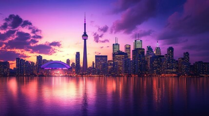 Fototapeta premium Twilight city skyline, featuring iconic landmarks and reflective glass skyscrapers glowing against a vibrant purple-orange sky