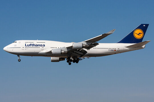 Frankfurt am Main, Germany - March 21, 2009: German Lufthansa Boeing 747-400 with registration D-ABVA on final for Frankfurt Airport