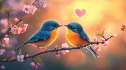 Two small, colorful birds perched together on a blooming branch with hearts and warm, diffused light around them