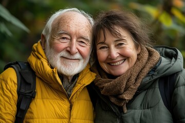 Fototapeta premium Elderly Couple Enjoying Nature in Warm Clothing During Autumn Adventure