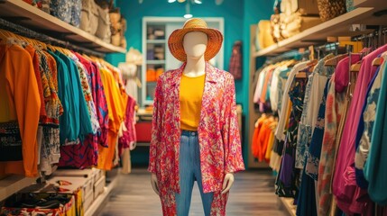 Fototapeta premium Vibrant 1970s-inspired outfits on mannequins surrounded by racks of colorful retro clothing in a chic store