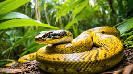 Fototapeta premium Colorful snake resting on the forest floor surrounded by lush green vegetation in tropical habitat
