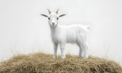 Fototapeta premium White goat kid stands on hay.