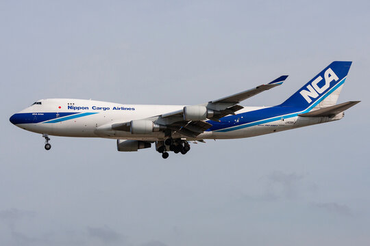 Frankfurt am Main, Germany - July 26, 2009: Japanese Nippon Cargo Airlines Boeing 747-400F with registration JA08KZ on final for Frankfurt Airport