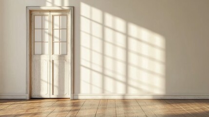 Sunlit room interior with wooden floor, white door, and window shadows on beige wall.