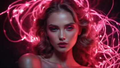 Fototapeta premium Young woman with glowing pink lights in hair poses for artistic portrait at night