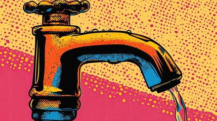 Water tap with drop pop art illustration