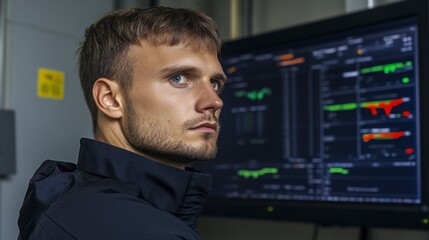 Focused Male Professional Analyzing Data on Computer Screen