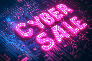 Cyber Friday Sale Neon Text with Futuristic Circuit Board Background