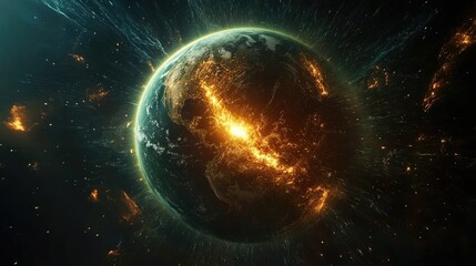 Visualization of Earth magnetic field protecting the planet from solar flare particles, shown with glowing auroras