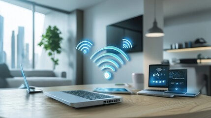 Wireless router emitting waves, connected to multiple devices in a modern tech-savvy home environment
