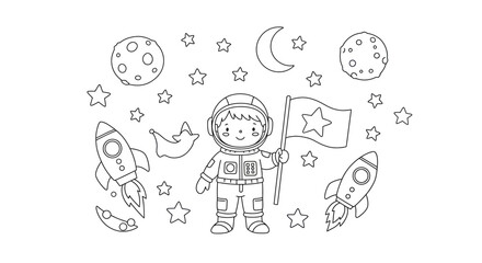 Cheerful Kids Engaged in Fun Activities Simple Line Art Coloring Pages for Children.

