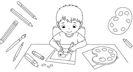 Cheerful Kids Engaged in Fun Activities Simple Line Art Coloring Pages for Children.
