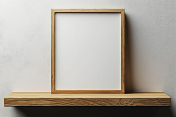 Blank frame on wooden shelf against textured wall
