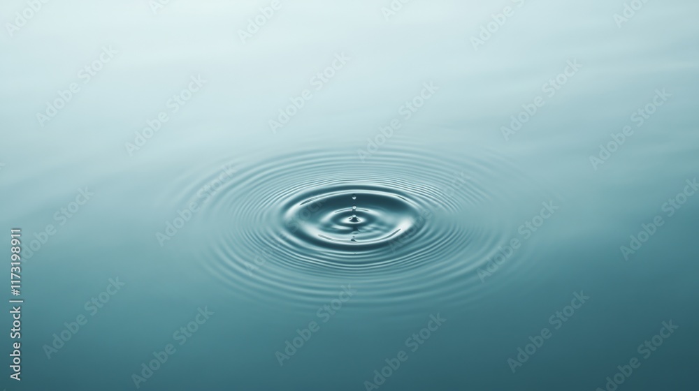 Poster single drop of water creating gentle concentric ripples, expanding gracefully across a calm turquois