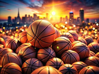 Obraz premium Double Exposure: Basketball Pile & Abstract Cityscape - Stock Photo
