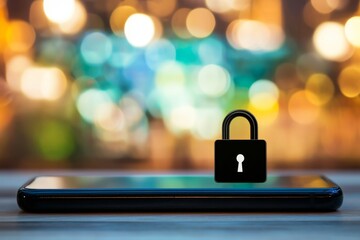 A Smartphone with a Security Lock Symbol on the Screen, Representing Data Protection and Cybersecurity Safety Concept, with a Blurred Background of a Global Map or Business Graph
