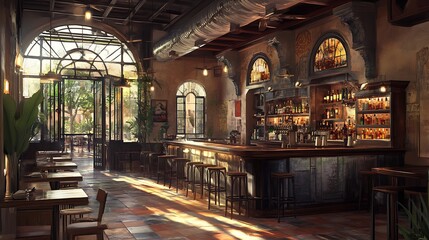 Fototapeta premium A warm, inviting bar interior with wooden furniture and natural light.