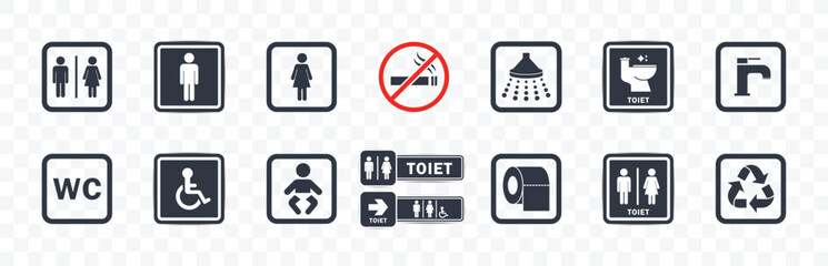 Toilet icons set, WC sign icon collection. Male and female restroom. gender icon. Man, woman, and No Smoking symbols. restroom pictogram. bathroom symbol, vector illustration