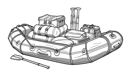 Outline of a raft filled with adventure gear on a white background