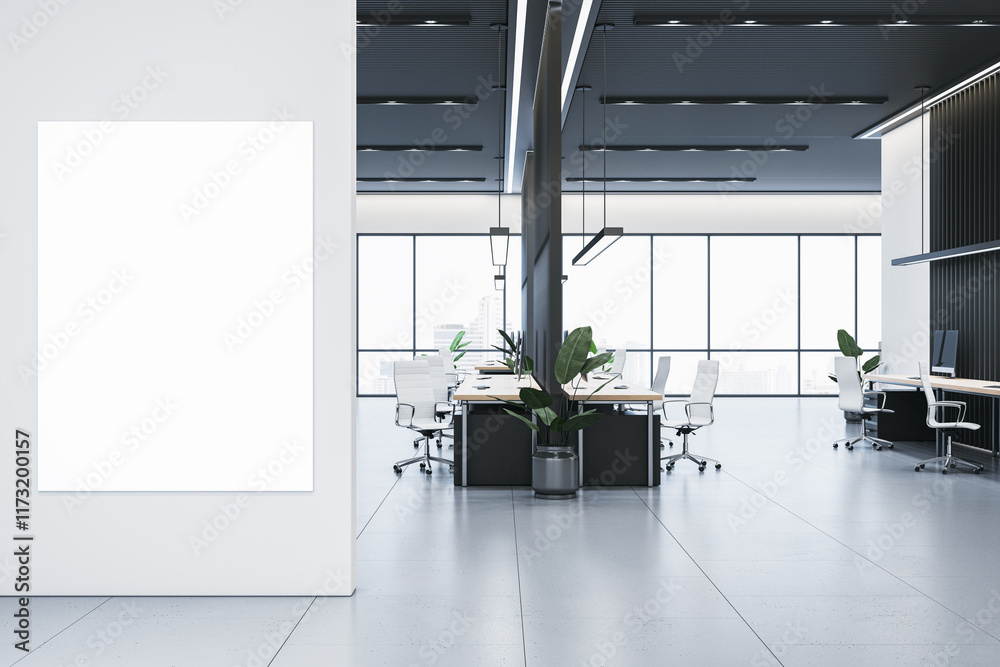 Poster modern office interior with blank vertical canvas on white wall and workspace with desks, chairs, an