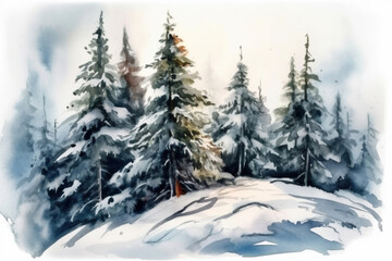 Obraz premium Watercolor landscape coniferous forest and morning mist., watercolor painting 