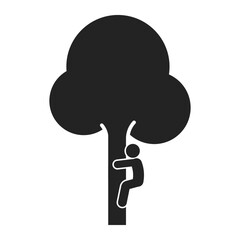 Safety sign pictogram illustrating a person climbing a tree, emphasizing caution and proper technique to prevent accidents and injuries