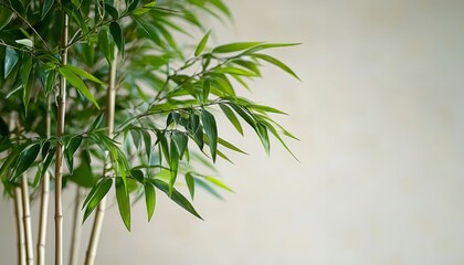 Obraz premium A close-up view of a lush green plant with slender bamboo-like stems and vibrant leaves against a neutral background.