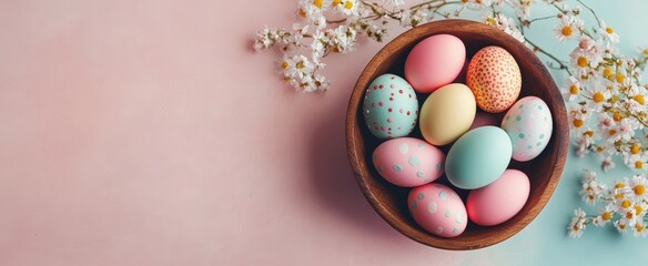 Fototapeta premium Colorful Easter eggs in basket on green grass with flowers, top view. Happy easter concept. stock photo contest winner, 20k