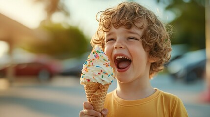 A young boy with curly hair is joyfully eating a soft serve ice cream cone with colorful sprinkles. He is outdoors in a sunny setting.