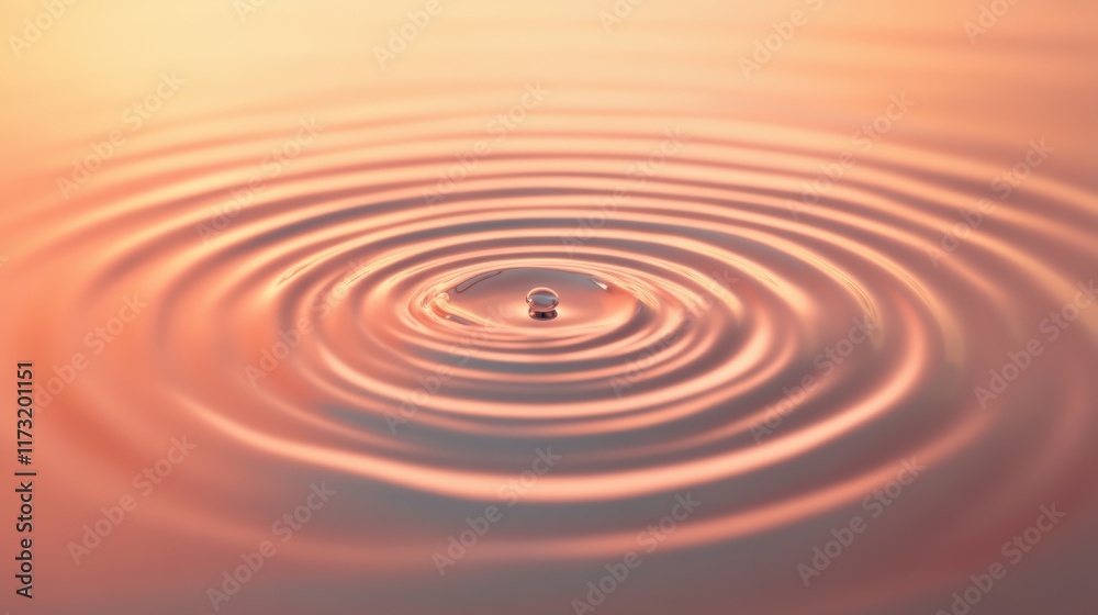 Poster Close up view of a single water droplet making expanding circular ripples on a peach colored liquid surface, creating a mesmerizing and tranquil pattern
