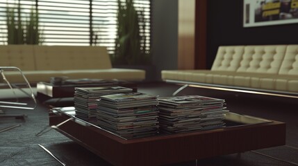 Modern lounge area with magazines on a coffee table.