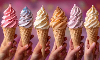 Hands are holding various flavors of soft-serve ice cream in waffle cones, creating a vibrant and tempting display