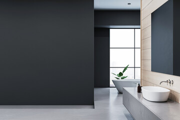 Modern bathroom interior with large window, minimalist decor, sleek surfaces, and a contemporary bathtub in a luxurious setting. 3D Rendering