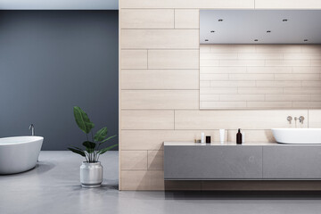 Modern bathroom interior with wooden wall panels, floating vanity, large mirror, white bathtub, and decorative plant on concrete floor. 3D Rendering