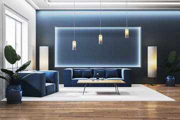 Modern living room interior with blue furniture, wooden flooring, and decorative lighting. 3D Rendering