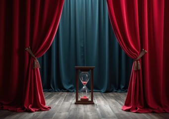 Elegant red curtains frame an hourglass on a wooden stage with blue backdrop