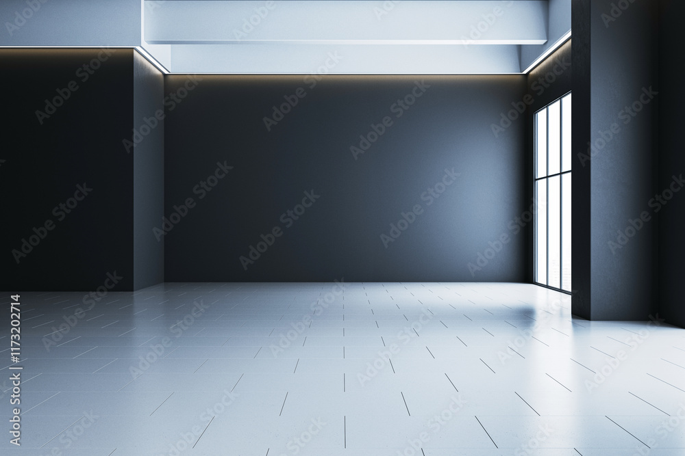 Poster Modern empty interior space with large windows and gray walls illuminated by natural and artificial light. 3D Rendering