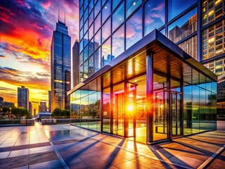 Fototapeta premium Double Exposure: Modern Office Entrance & Cityscape - Stock Photo