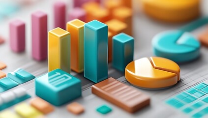 3D Render of Financial Graph and Pie Chart on Office Table with Business Papers, Charts, and Graphs in Background