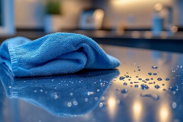 Blue towel on wet, dark countertop.