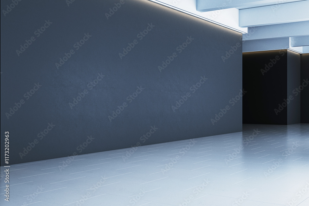 Poster minimalistic gallery interior with dark wall and clean flooring illuminated by modern lights. 3d ren
