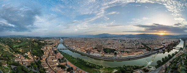 View of the old city of Florence and the Arno River at sunrise