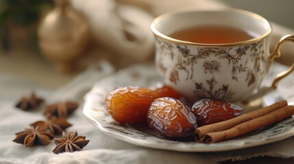 Fototapeta premium Dates with Tea and Spices on an Elegant Plate