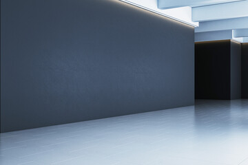 Minimalistic gallery interior with dark wall and clean flooring illuminated by modern lights. 3D Rendering
