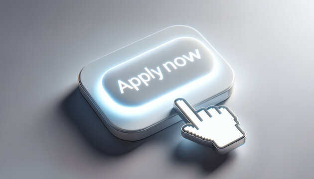 Modern interactive apply now button with a futuristic 3D glow, perfect for business, career websites, or digital marketing visuals