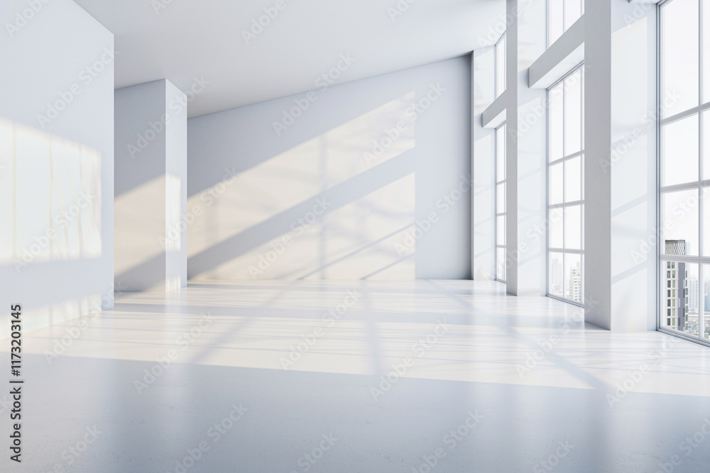 Poster Spacious empty room with large windows and sunlight casting shadows on white walls and floor. 3D Rendering